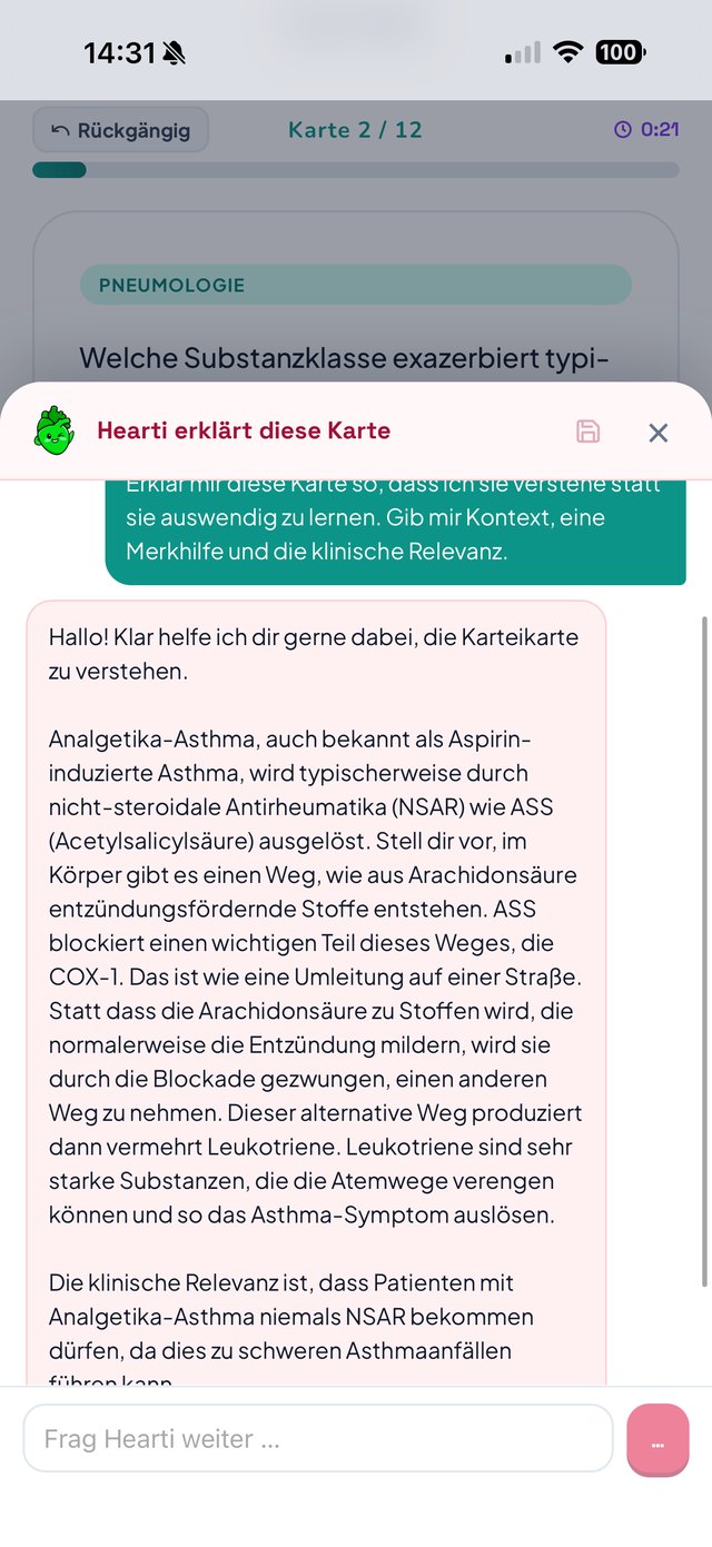 Hearti Coach erklärt eine Karteikarte direkt im Lernmodus